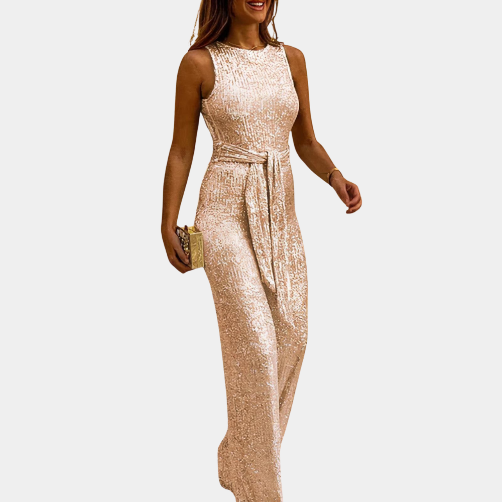 Glamoureuze dames jumpsuit met glitter, straalt feestelijke allure uit. Comfortabele en elegante avondkleding.