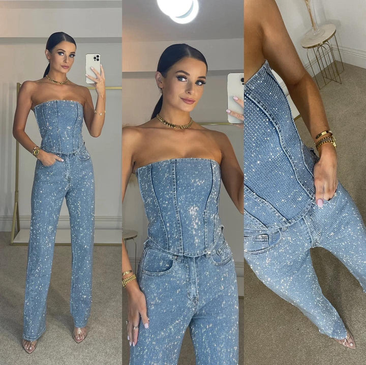 Elegante strapless glitter jumpsuit voor dames, de ideale chique mode voor avonden uit.