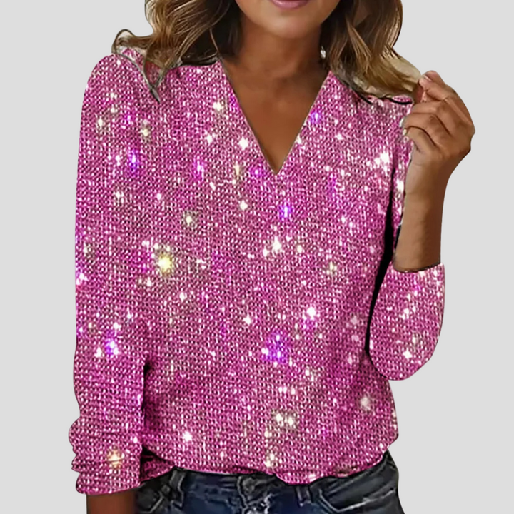 Fashion damesblouse met schitterende pailletten, V-hals en lange mouwen, beschikbaar in grote maten.
