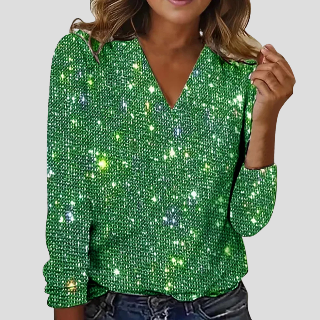 Feestkleding dames: zwarte glitter blouse met V-hals en lange mouwen, stijlvol en comfortabel.
