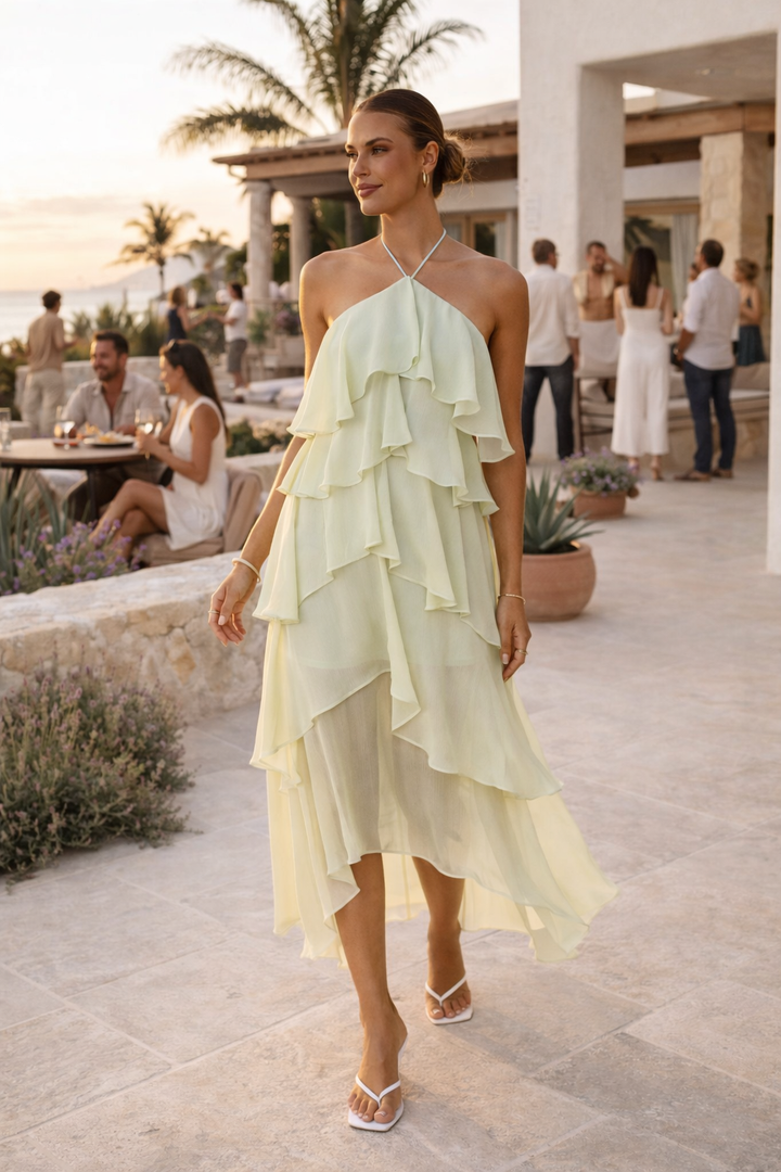 Zomerse dames feestjurk; een elegante halter lange jurk. Geschikt voor avond of speciale gelegenheden.