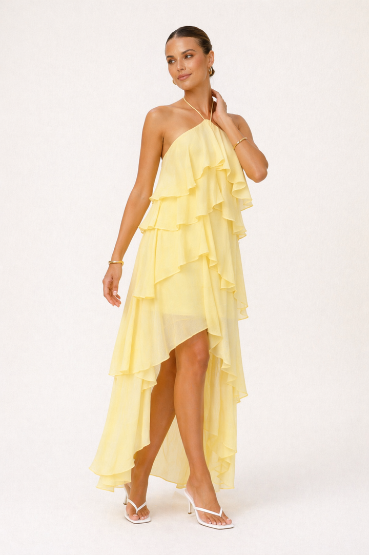 Veelzijdige dames lange halterjurk, ideaal als zomerjurk of elegante avondjurk. Trendy vrouwenmode.