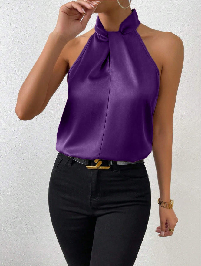 Gedraaide hals haltertop voor dames, elegant en mouwloos. Perfect voor een verfijnde avondlook.
