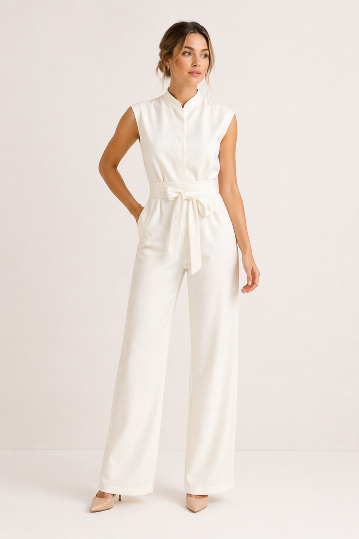 Stijlvolle dames jumpsuit met brede pijpen en strikriem, perfect als feestkleding of elegante avondoutfit.