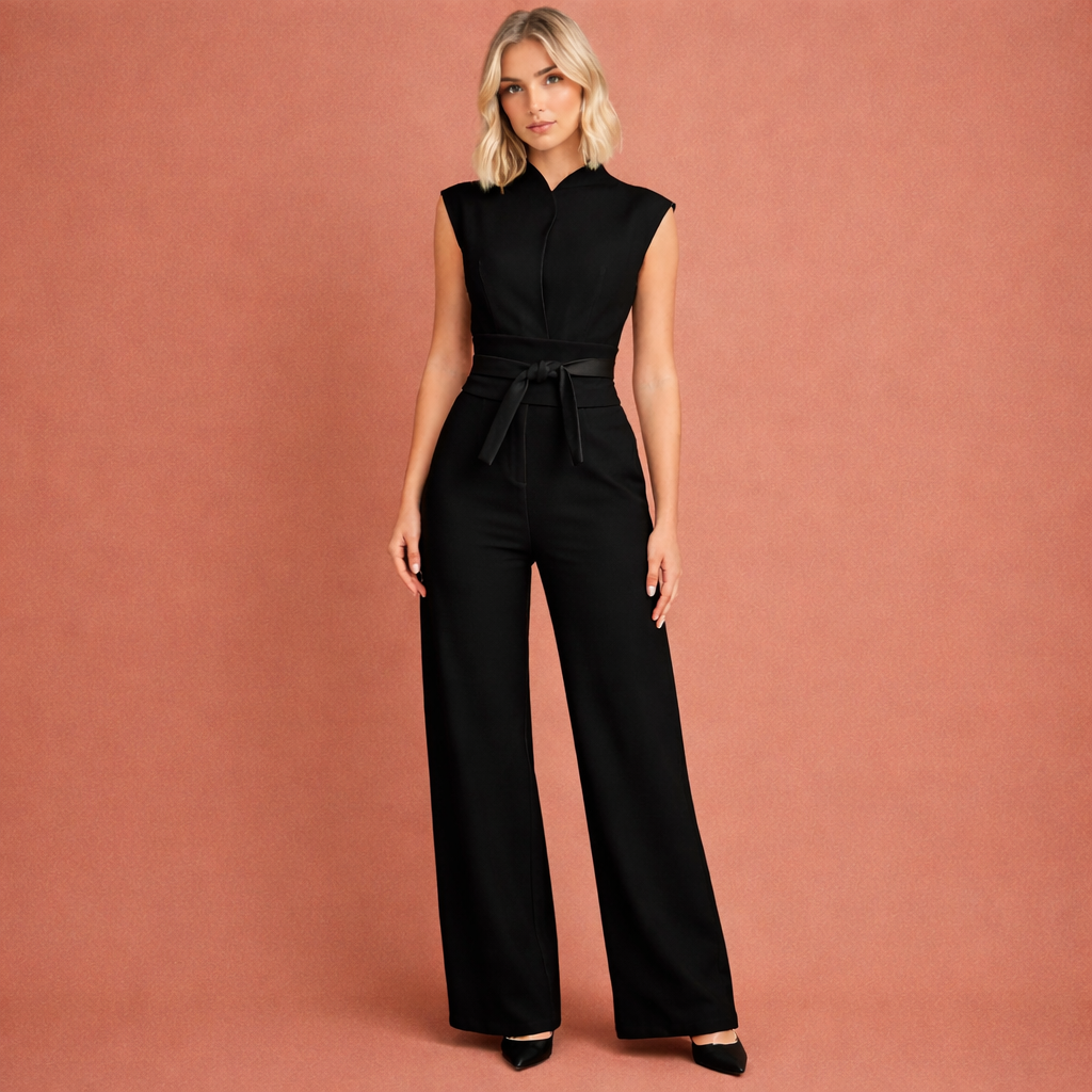 Elegante dames jumpsuit met flatterende pasvorm en diepe V-hals, perfect voor feestjes of een casual chique look.