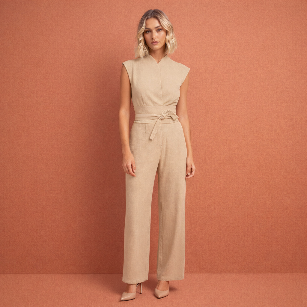 Dames jumpsuit met V-hals, gedragen door model, toont flatterende pasvorm. Stijlvol en veelzijdig voor elke gelegenheid.