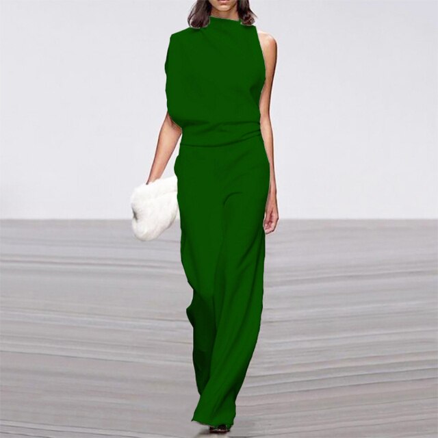 "Elegante dames jumpsuit met mock-turtleneck, wijde pasvorm en mouwloos ontwerp, ideale zomerlook in effen kleur."