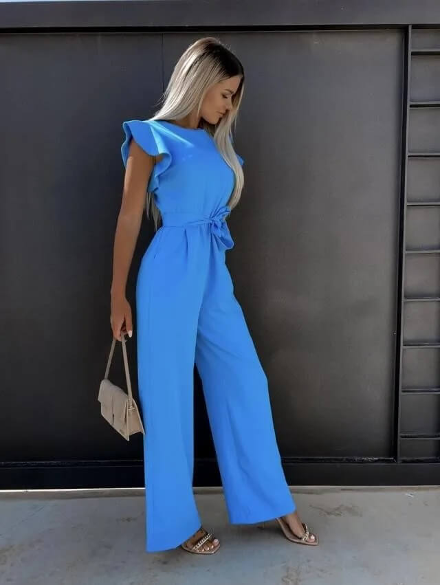 Elegante dames jumpsuit met wijde pijpen en mouwloze design; een veelzijdige en modieuze keuze.