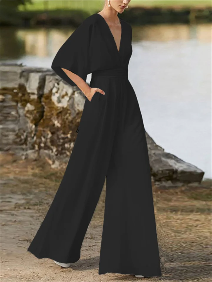 Dames jumpsuit met diepe V-hals, modieuze vleermuismouwen en comfortabele wijde pijpen, lente/zomer mode.