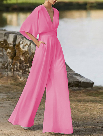 Losvallende dames jumpsuit, V-hals, wijde pijpen en vleermuismouwen, ideaal voor een stijlvolle, comfortabele look.
