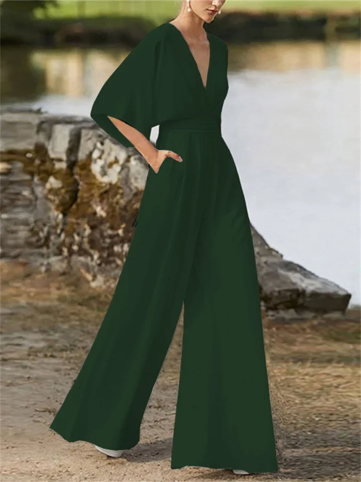 Chique dames jumpsuit met V-hals, elegante wijde pijpen en soepele vleermuismouwen, perfect voor elke gelegenheid.