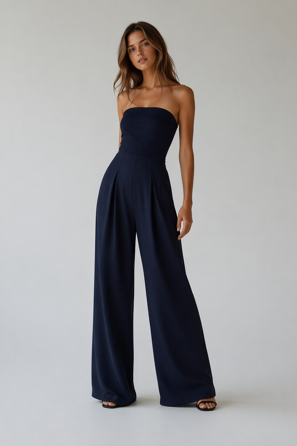 Marineblauwe strapless jumpsuit met hoge taille en wijde pijpen, een chique keuze voor dames. Verkrijgbaar in beige.