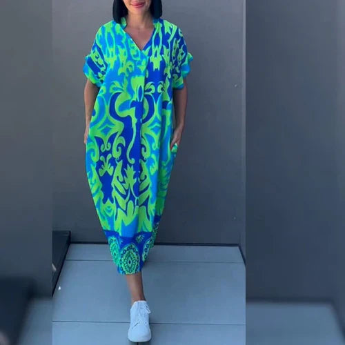 Elegante dames kaftan midi zomerjurk met vloeiende pasvorm, perfect voor strand, vakantie en casual chique.