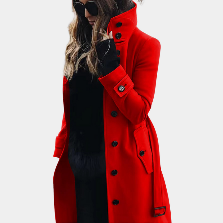 Stijlvolle dames lange trenchcoat met riem en opstaande kraag, perfect voor een elegante look. Ideale buitenkleding.