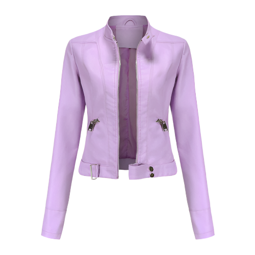 Chique dames leren jas met gedetailleerde ritssluiting. Trendy en elegante mode bovenkleding voor vrouwen.