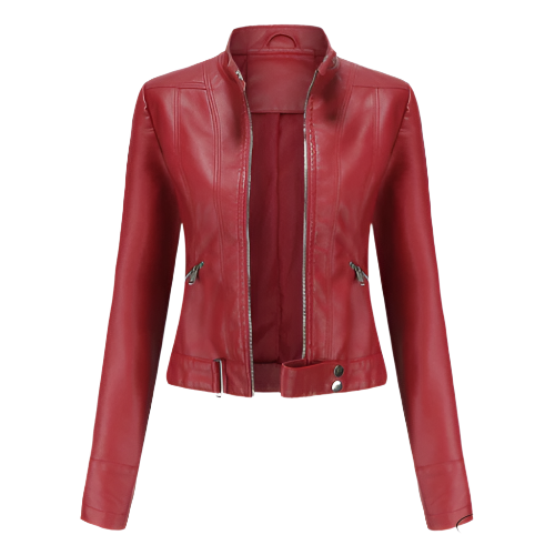 Modieus dames jack van leer, met ritssluiting, combineert elegantie en stijl. Perfect voor een complete outfit.