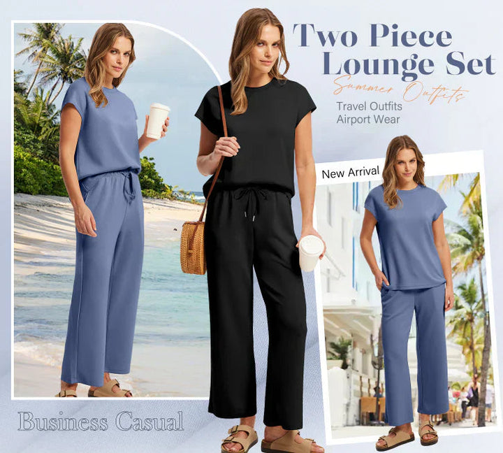 Detail van de modieuze wijde broek uit de elegante dames loungewear set. Comfortabel.