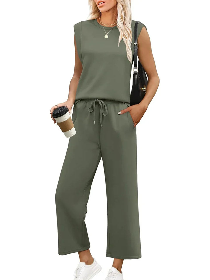 Casual elegante dames loungewear set met comfortabele top en trendy wijde broek.