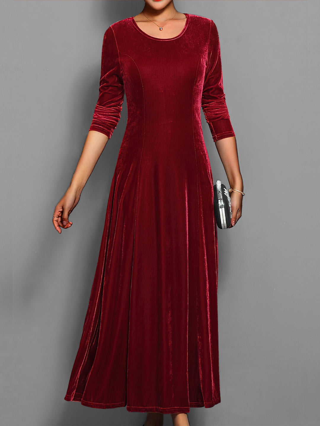 Elegante dames maxi feestjurk met ronde hals en lange mouwen, ideaal voor formele gelegenheden.