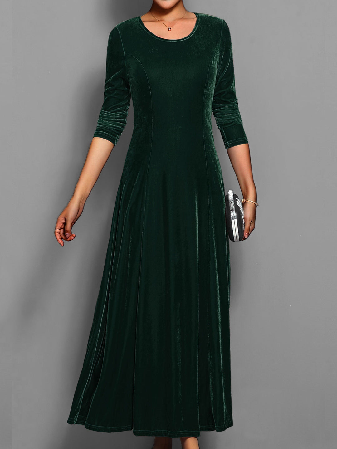 Formele dames avondjurk, A-lijn model met lange mouwen en ronde hals, perfect als bruiloftsgast.