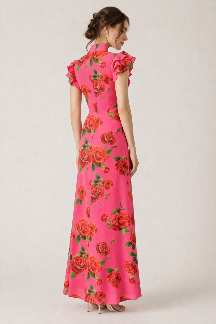 Casual damesjurk met roze bloemenprint en coltrui. Perfect als stijlvolle lentejurk voor elke dag.