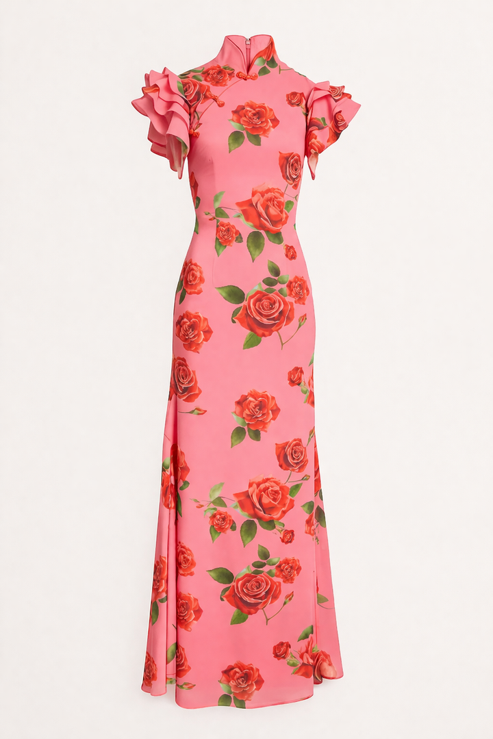 Trendy damesjurk met bloemenprint en coltrui. Elegante casual stijl, perfect voor lente en zomer.