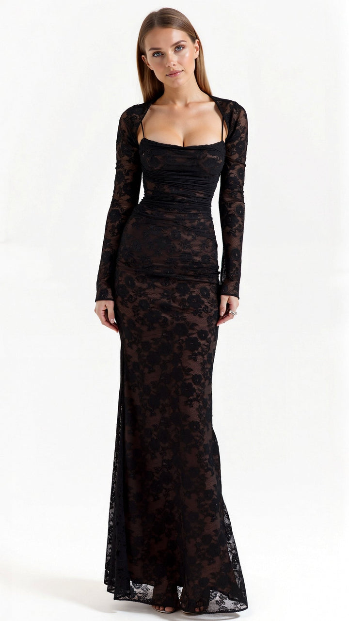 Lange elegante avondjurk voor dames met doorschijnende mouwen, een verfijnde corset top en vloeiende maxi-rok.
