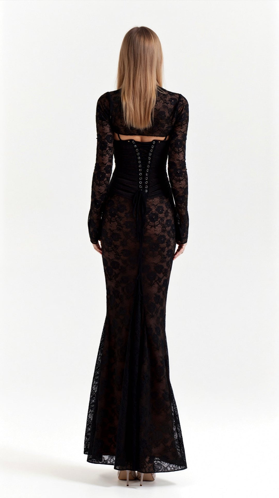 Maxi feestjurk voor dames met elegante doorschijnende lange mouwen en een stijlvolle corset top, perfect voor speciale gelegenheden.