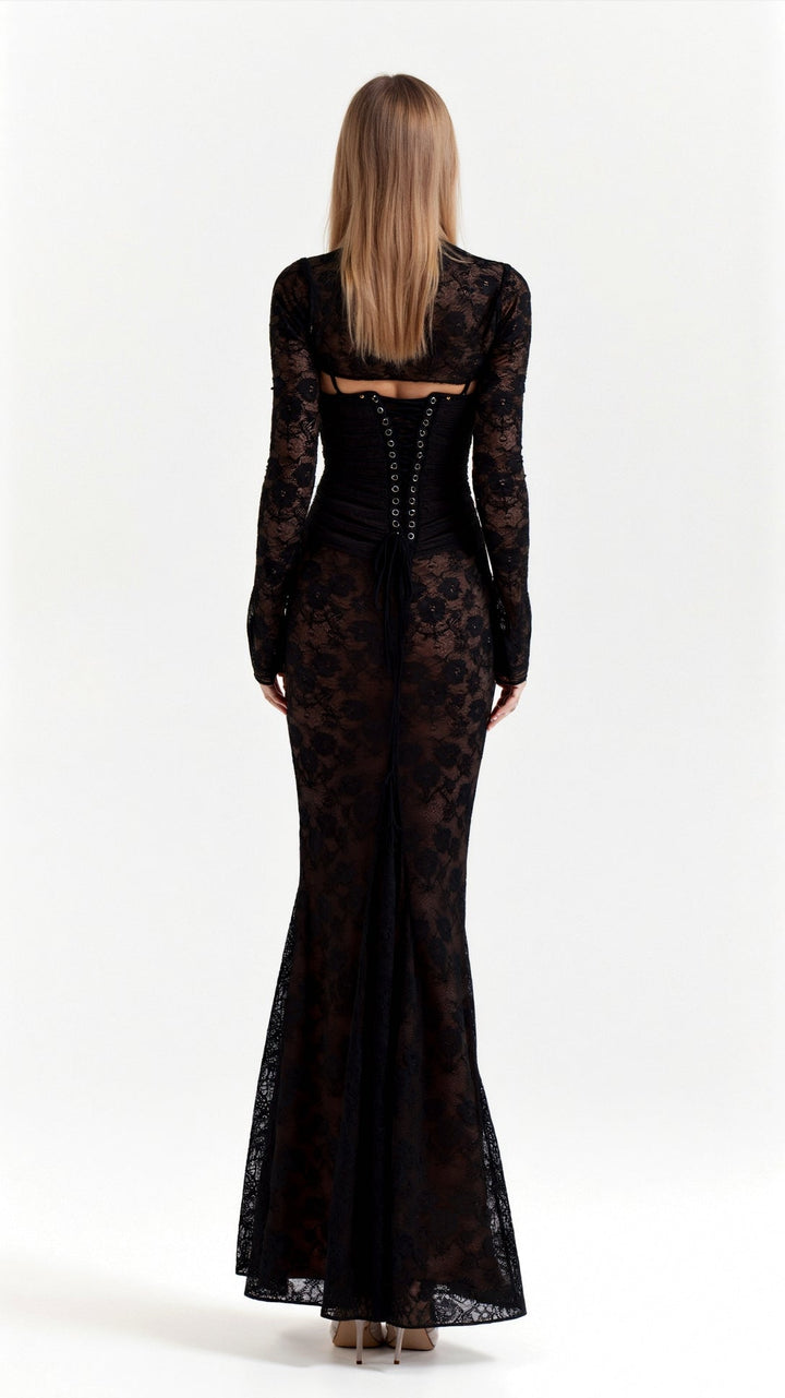 Maxi feestjurk voor dames met elegante doorschijnende lange mouwen en een stijlvolle corset top, perfect voor speciale gelegenheden.