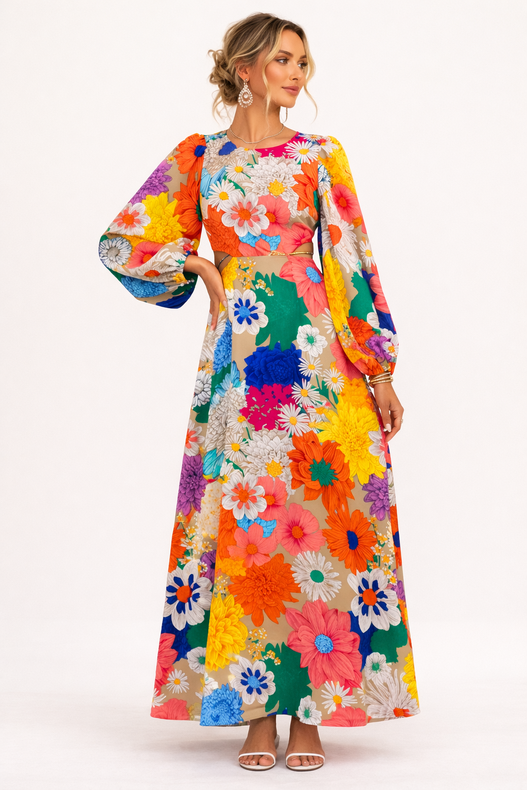 Elegante dames maxi-jurk met kleurrijke bloemenprint en stijlvolle pofmouwen, perfect voor zomerse feesten.