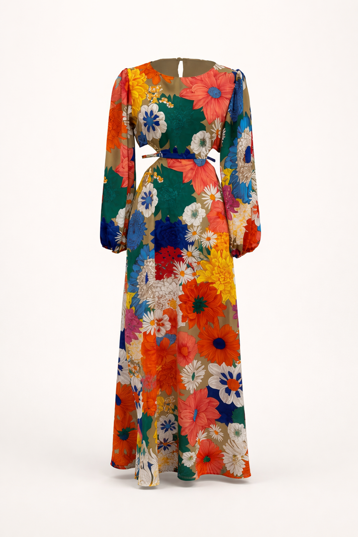 Luchtige dames maxi-jurk met bloemen en pofmouwen, ideaal voor een zomerse dag of elegant voorjaarsevenement.