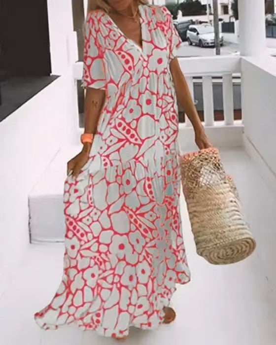 Comfortabele lange dames V-hals maxi jurk, ideaal als zomerjurk of strandkleding, mouwloos en stijlvol.