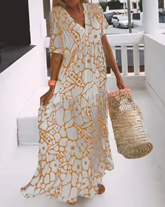 Stijlvolle elegante dames maxi jurk met diepe V-hals, perfecte trendy zomerjurk voor vrouwelijke mode.