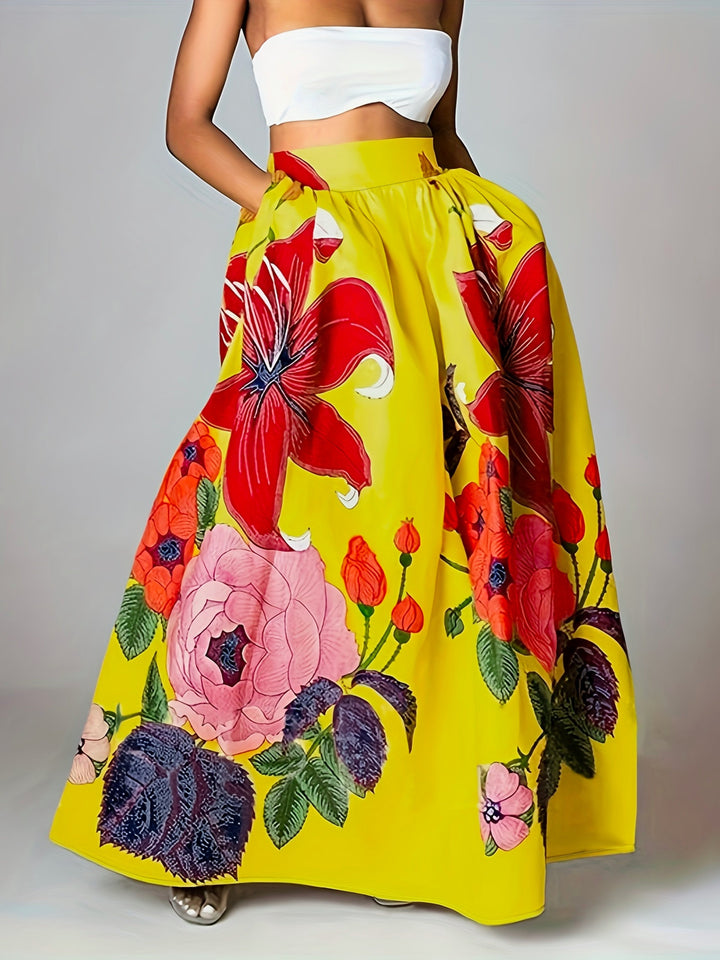 Modieuze A-lijn damesrok met bloemenprint, hoge taille en handige zakken. Stijlvolle keuze voor lente/zomer.