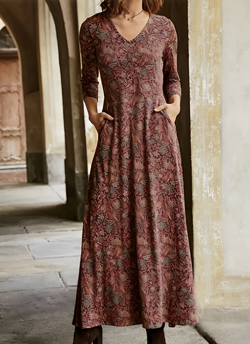 Comfortabele maxi avondjurk voor dames met chique bloemenprint en lange mouwen, ideaal voor bruiloft.