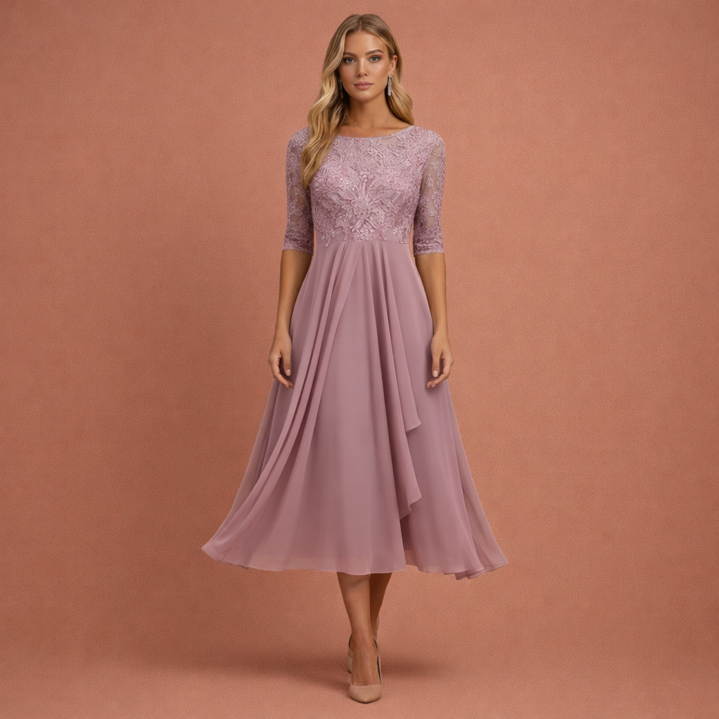 Elegante dames midi avondjurk met kanten lijfje en gelaagde rok, perfect voor feestjes.