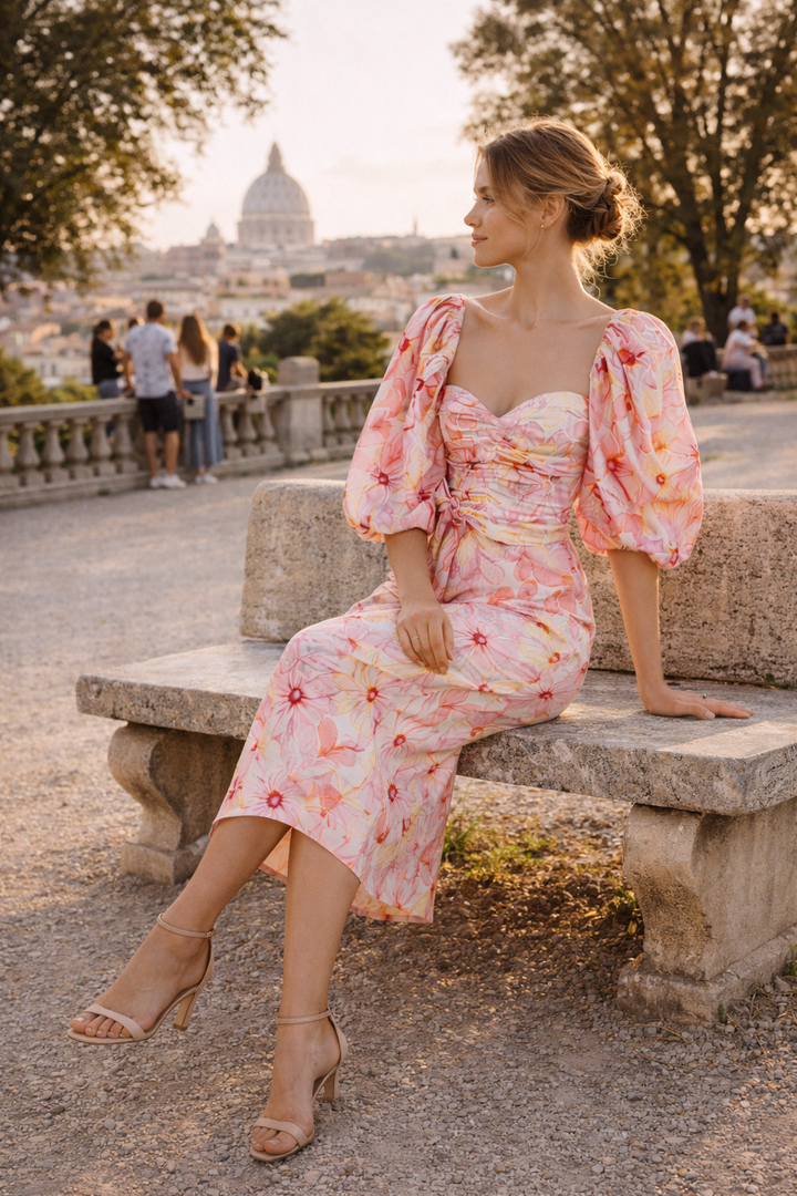 Modieuze dames midi jurk met gebloemde print en pofmouwen, prachtig voor zowel een casual look als een elegante outfit.
