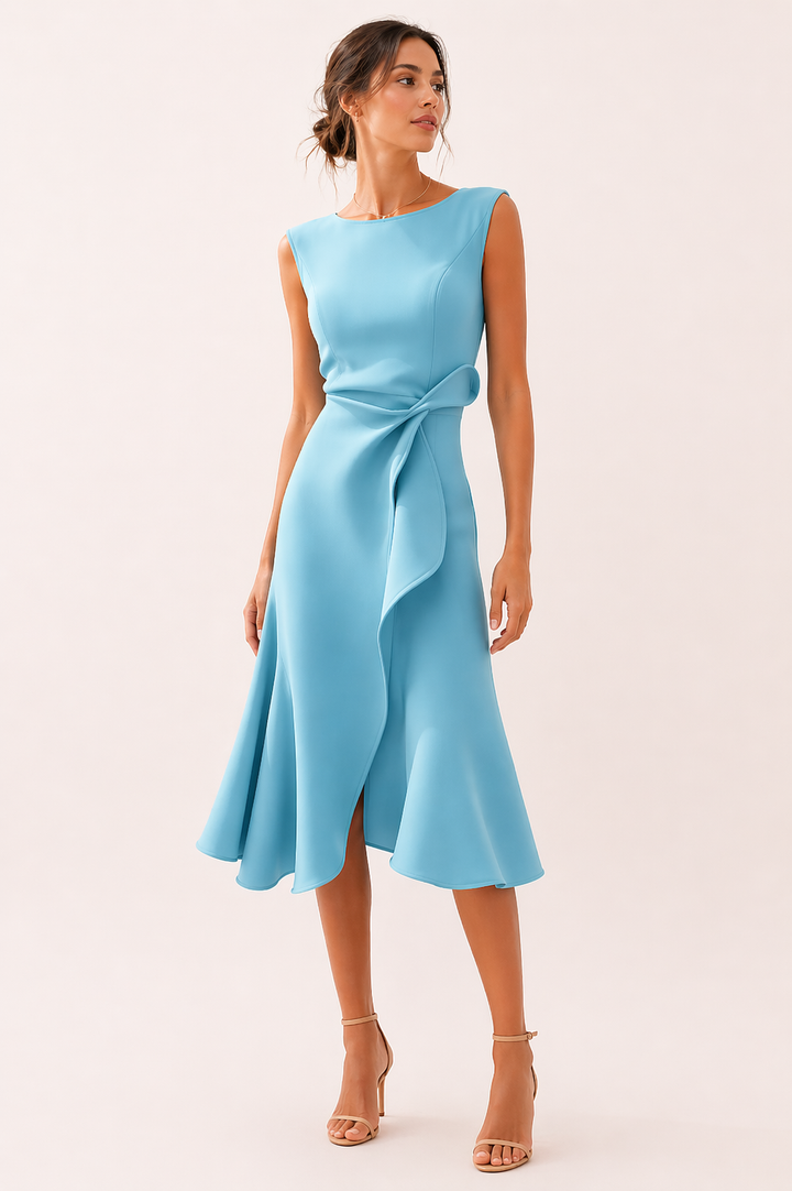 Elegante dames midi-jurk met flatterende split, perfect voor avondkleding en feesten. Stijlvolle mouwloze pasvorm.