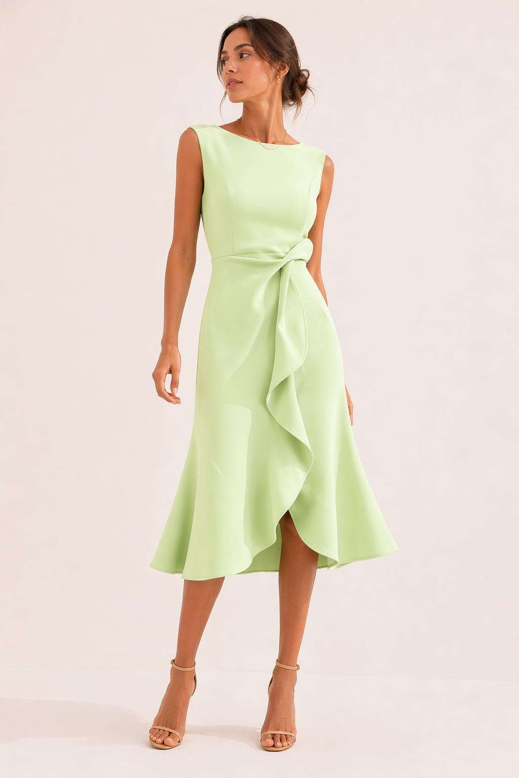 Groene midi-jurk met split, stijlvol en mouwloos. Perfecte feestjurk of cocktailjurk met draperie voor dames.