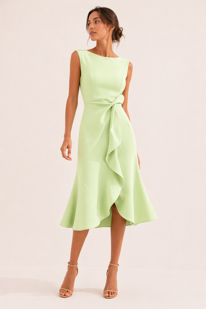 Groene midi-jurk met split, stijlvol en mouwloos. Perfecte feestjurk of cocktailjurk met draperie voor dames.