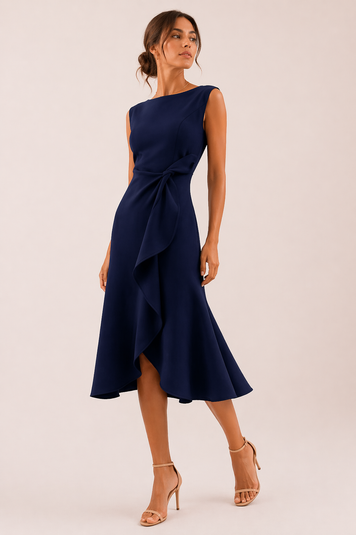Rode midi-jurk met flatterende pasvorm en split. Elegante dames avondkleding of stijlvolle cocktailjurk.