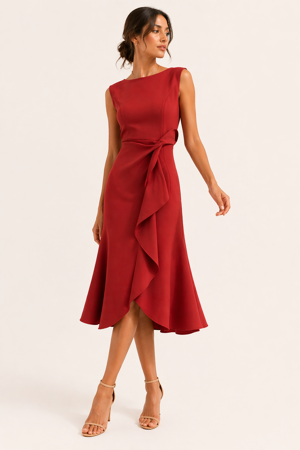 Stijlvolle mouwloze midi-jurk met elegante draperie en hoge split. Perfecte feestjurk en avondkleding voor dames.