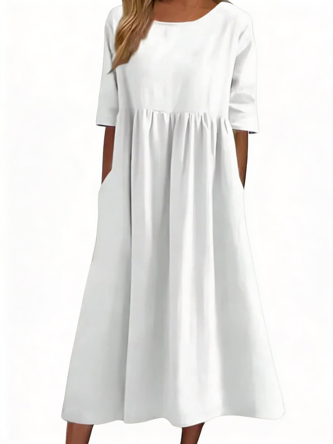 Elegante dames midi-jurk met halve mouwen, ronde hals en geplooide rok voor stijlvol comfort.