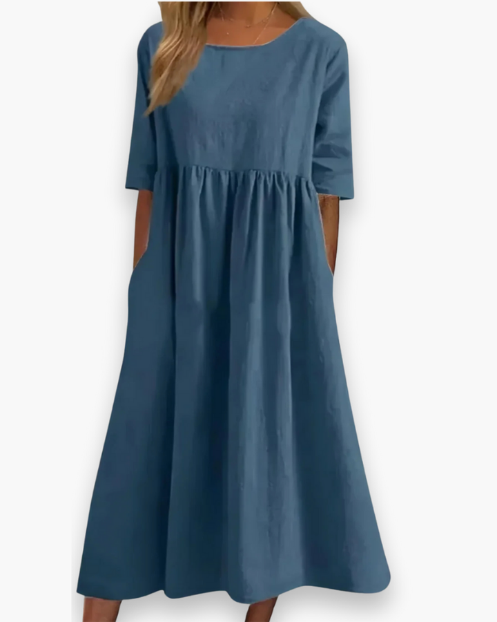 Moderne dames midi-jurk met halve mouwen, comfortabel en elegant geplooid voor elke gelegenheid.