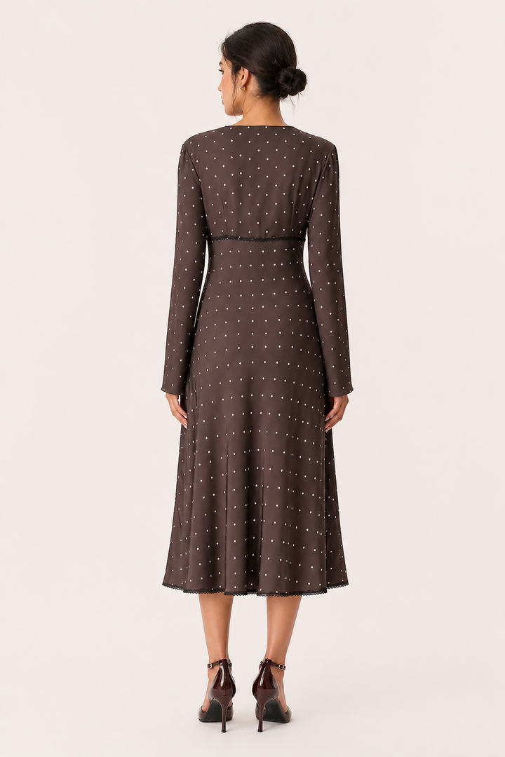 Casual veelzijdige dames midi-jurk met lange mouwen, V-hals en zwarte polkadots, ideaal voor dagelijks gebruik.