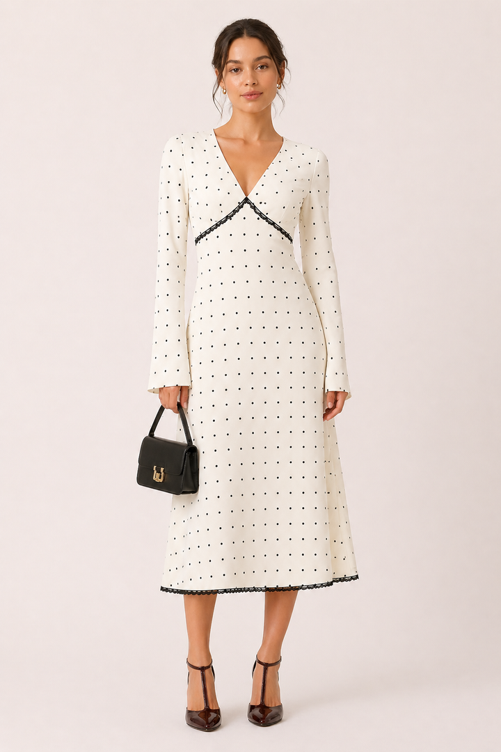 Stijlvolle midi-jurk voor dames met lange mouwen, diepe V-hals en speelse polkadots, comfortabel en chic.