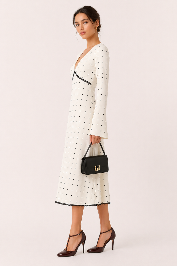 Trendy damesjurk: midi-lengte, lange mouwen, elegante V-hals en klassieke polkadots, een veelzijdige keuze.