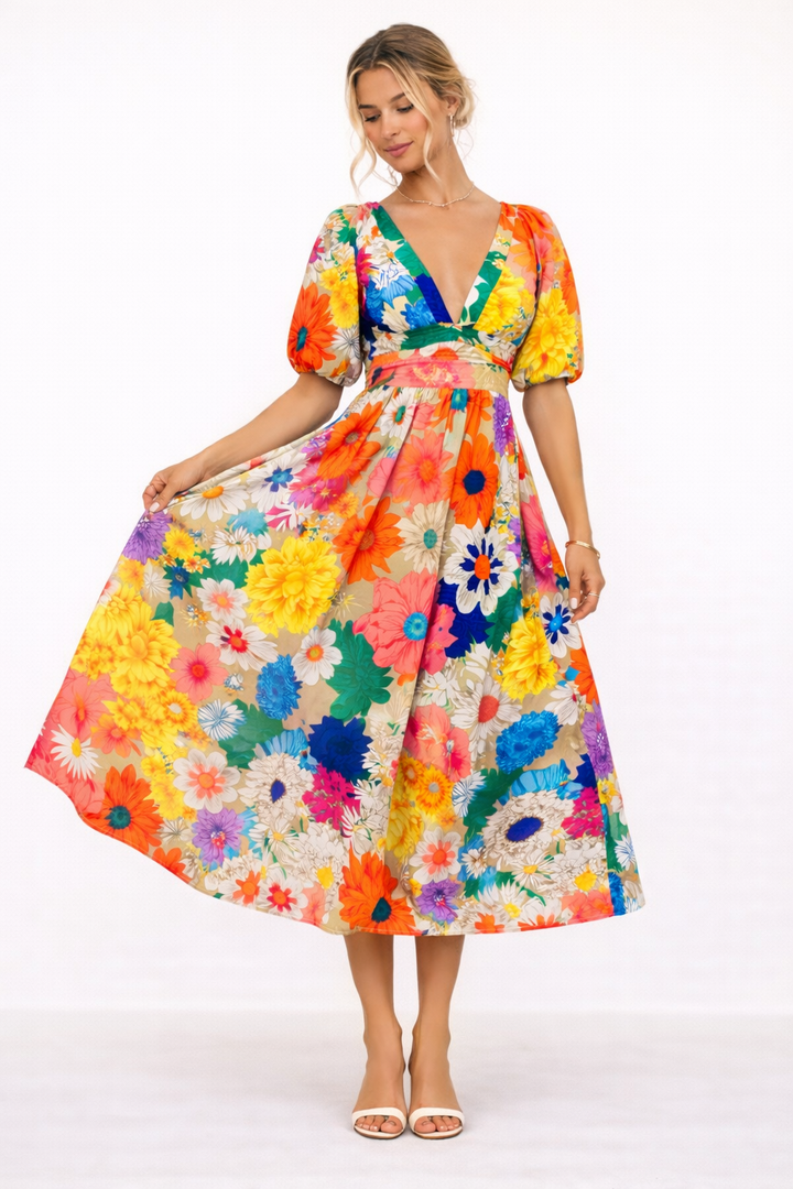 Elegante dames midi-jurk met levendige bloemenprint, V-hals en stijlvolle pofmouwen, perfect voor zomer en lente.