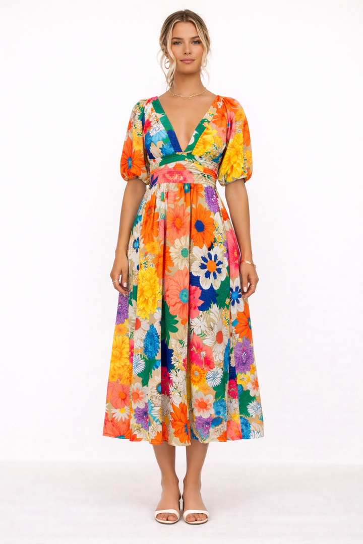 Lente-waardige dames midi-jurk met charmante bloemenprint, flatterende V-hals en volumineuze pofmouwen.
