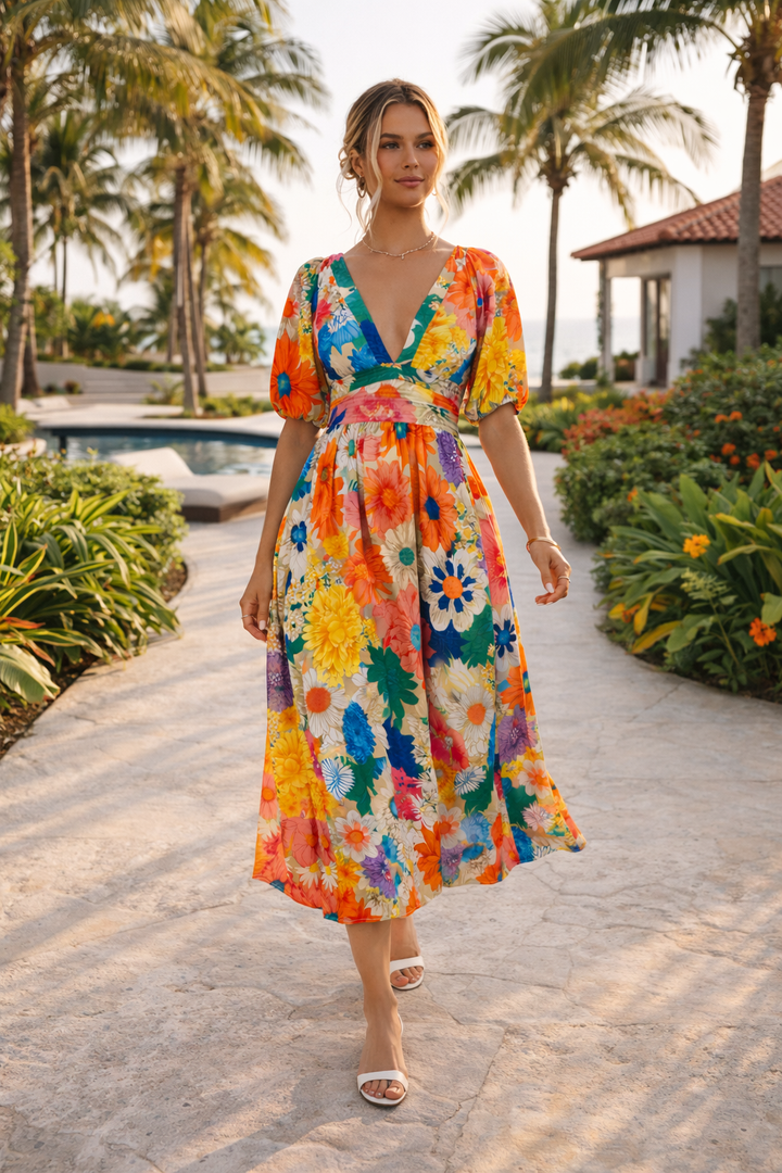 Stijlvolle casual dames jurk met bloemenprint, comfortabele midi-lengte, V-hals en elegante pofmouwen.